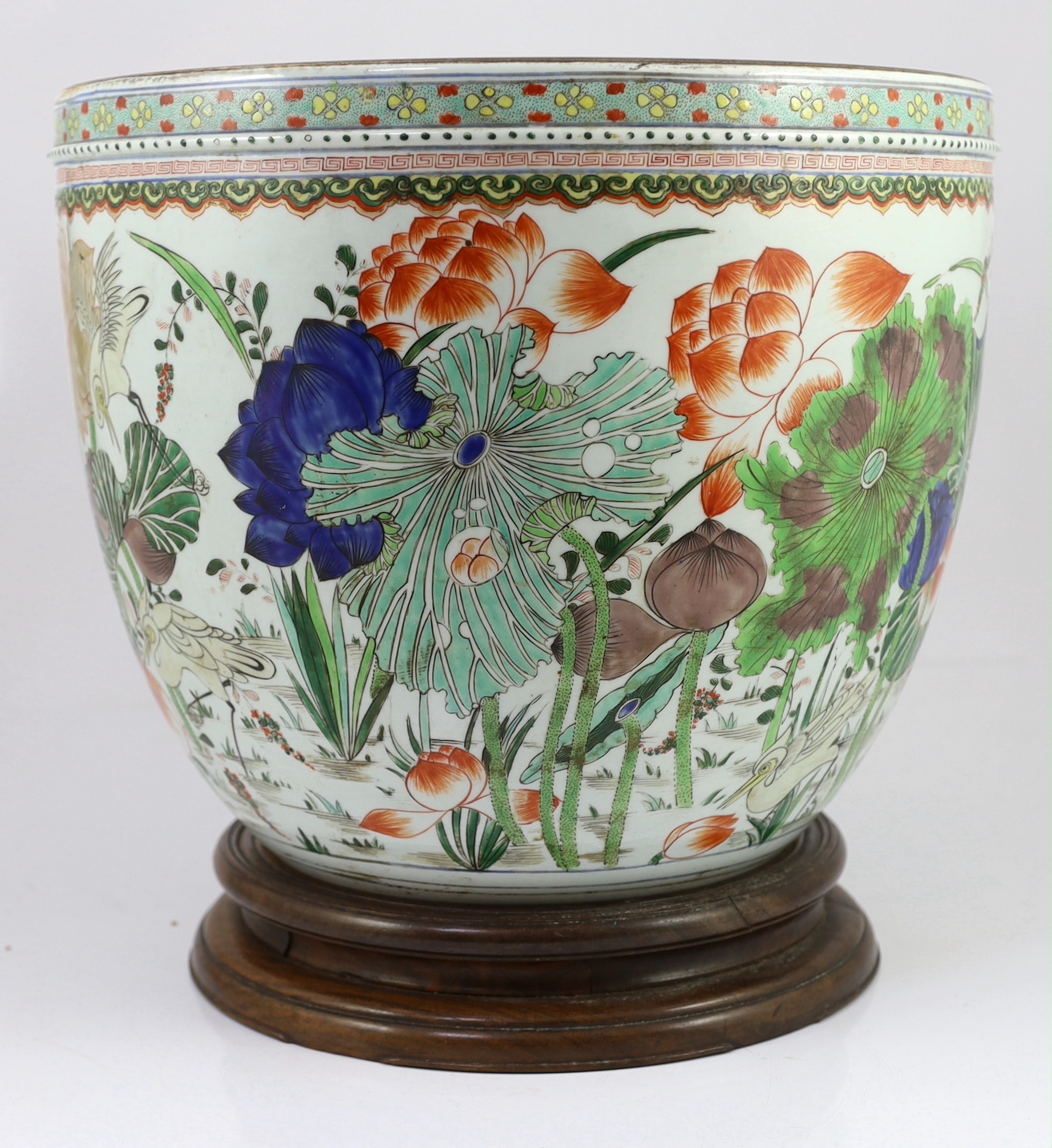 A large Samson famille verte ‘lotus’ fishbowl, in Kangxi style, 19th century